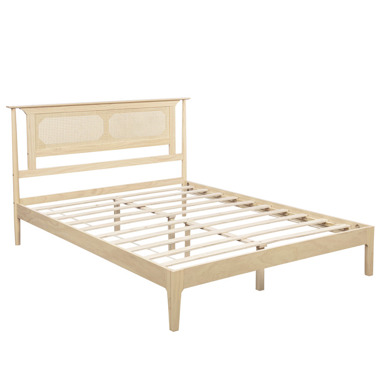 Queen Size Wooden Platform Bed with Rattan Headboard, Low-Profile Bed Frame with 8.6'' Under-Bed Storage