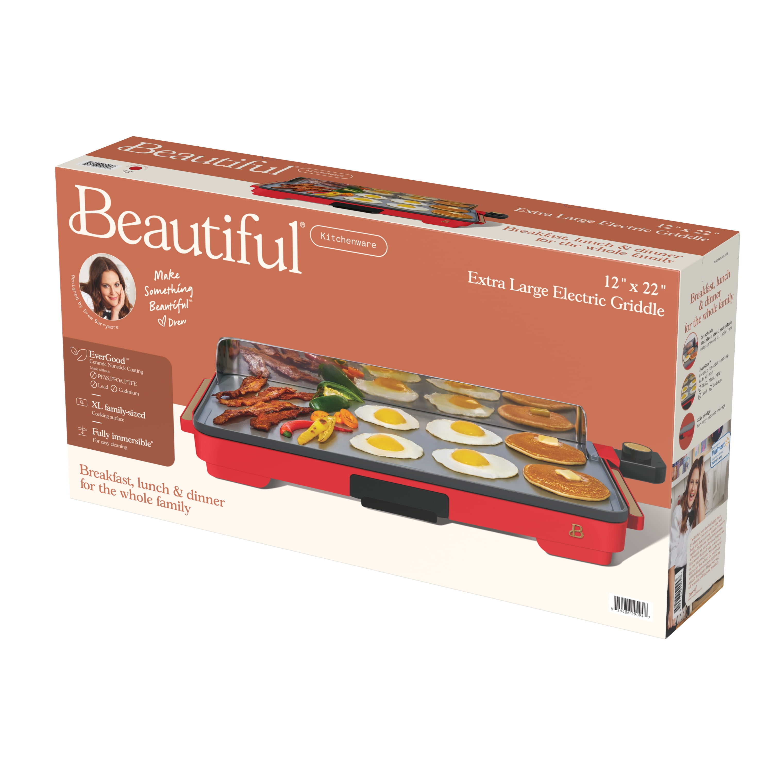 Beautiful XL Electric Griddle 12" x 22" with EverGood Non-Toxic Ceramic Nonstick Coating, Tomato Red by Drew Barrymore