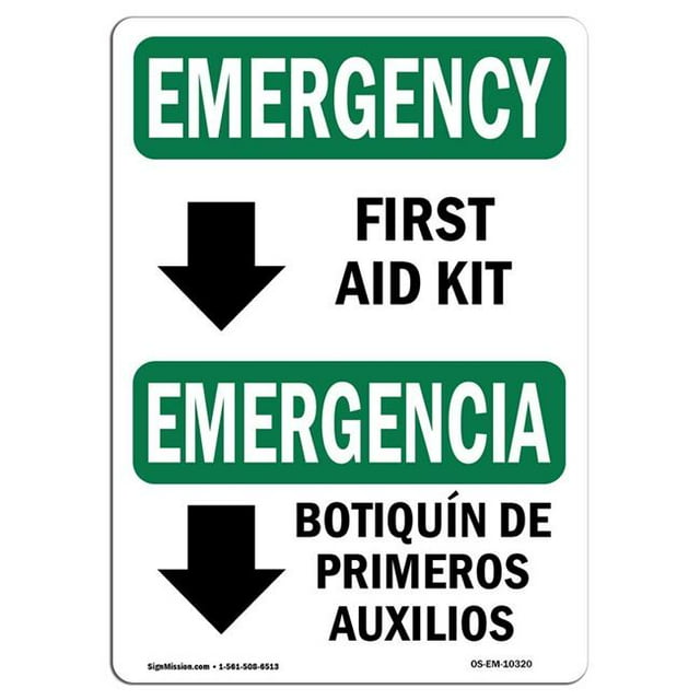 SignMission OS-EM-A-1824-L-10320 18 x 24 in. OSHA Emergency Sign - First Aid Kit Bilingual