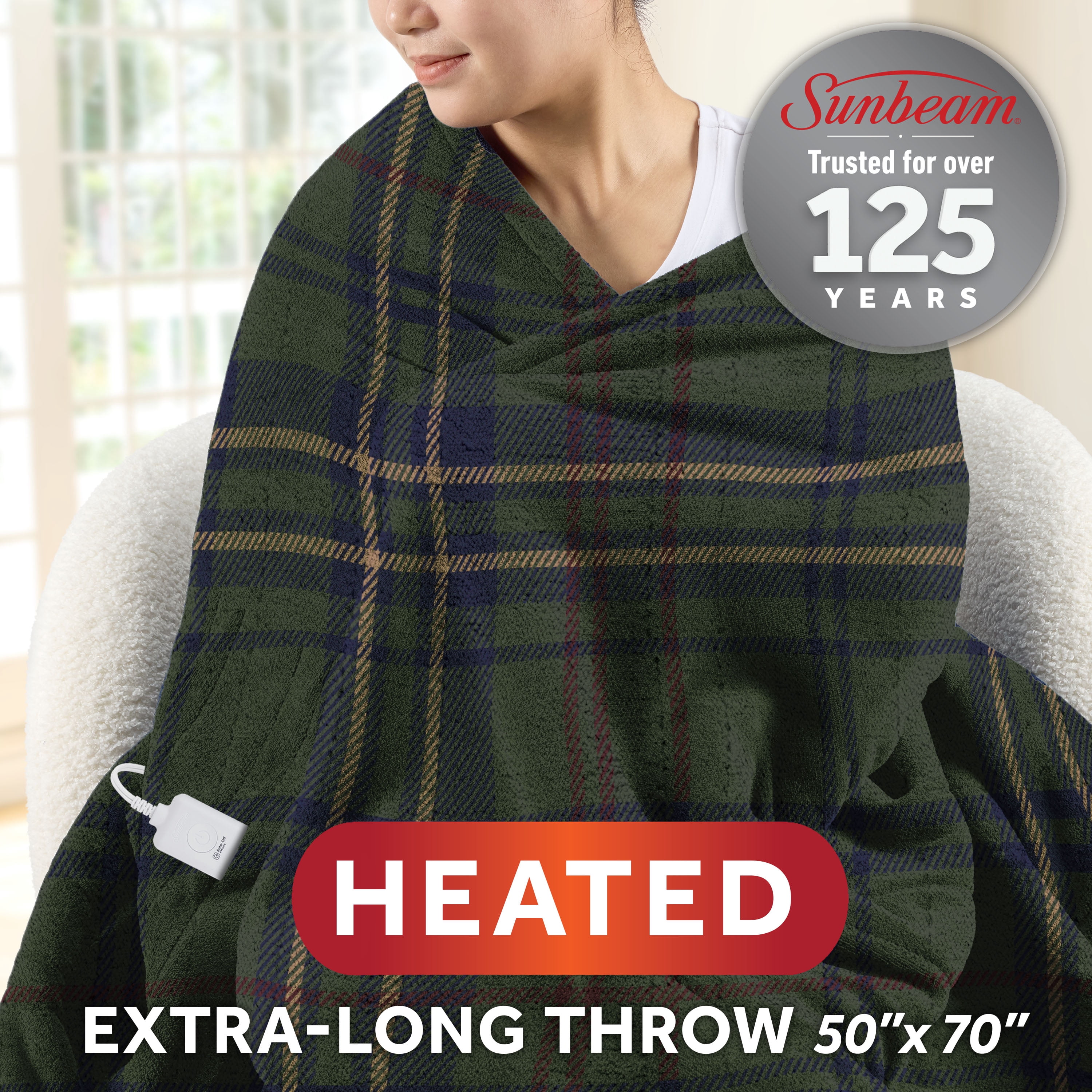 Sunbeam Heated Electric Microplush Throw Blanket, Green Vintage Plaid, 4 Heat Settings, 50 x 70 in
