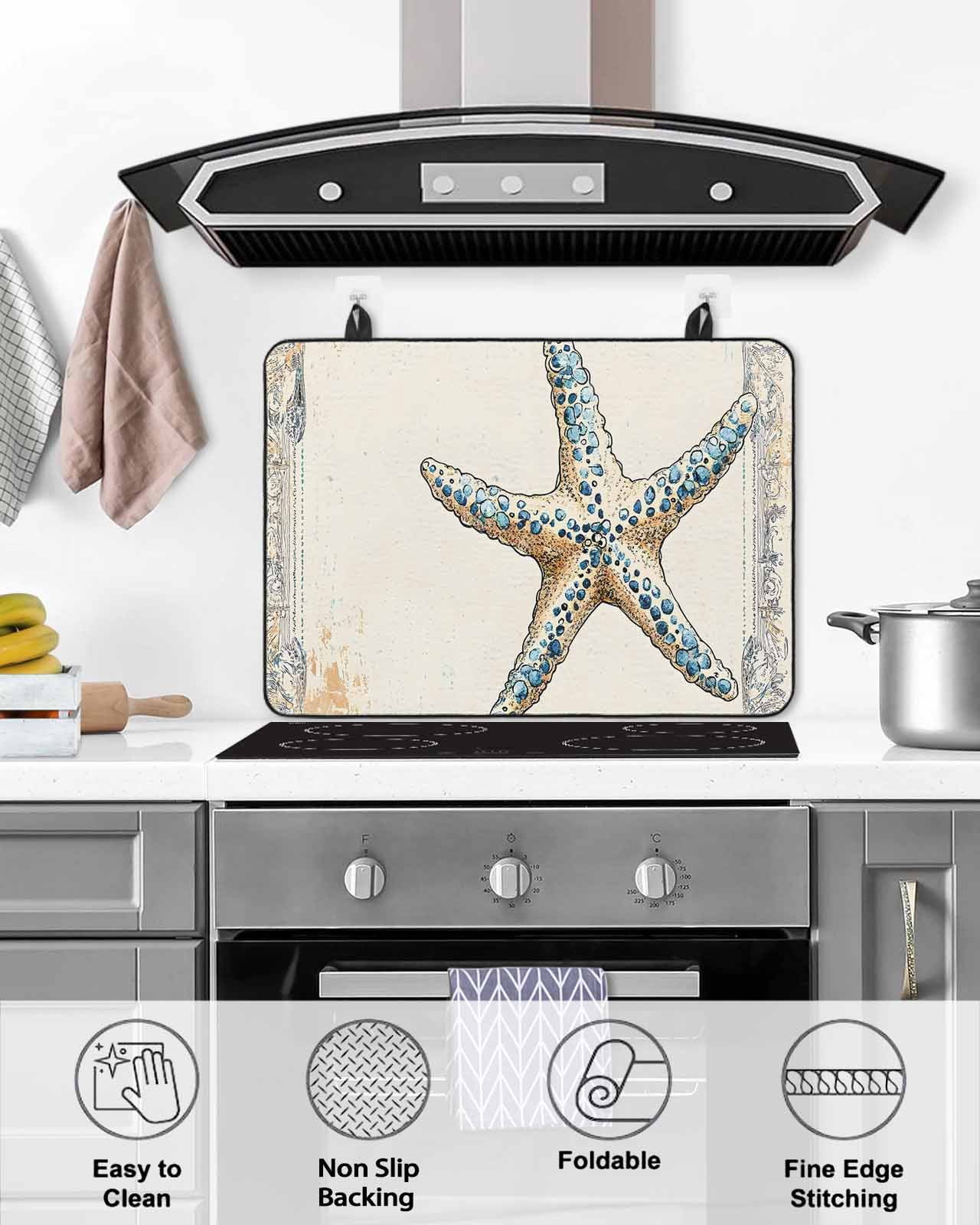 nqOlkjepod Large Induction Cooktop Protector Mat 24"x21", Beige Blue Coastal Stove Top Covers for Electric Stove, Summer Ocean Vintage Starfish Stove Burner Cover Mats, Glass Top Stove Cover