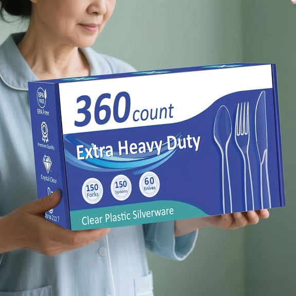 Disposable Heavy Duty Plastic Cutlery Set, 360 Count, 150 Forks, 150 Knives, 60 Spoons