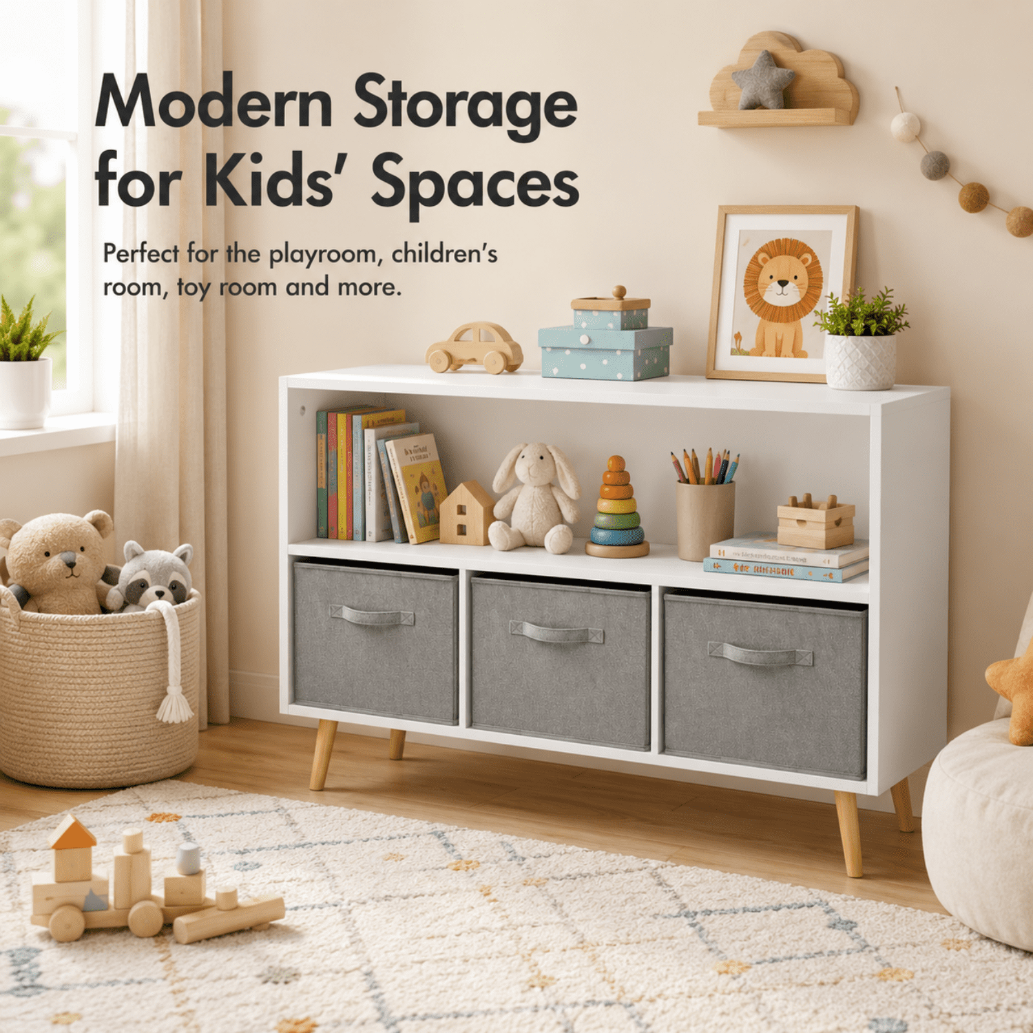 Miniyam Kids Bookcase with Storage Bins, 3 Fabric Drawers, Wooden Toy Organizer for Kids Room, Gray