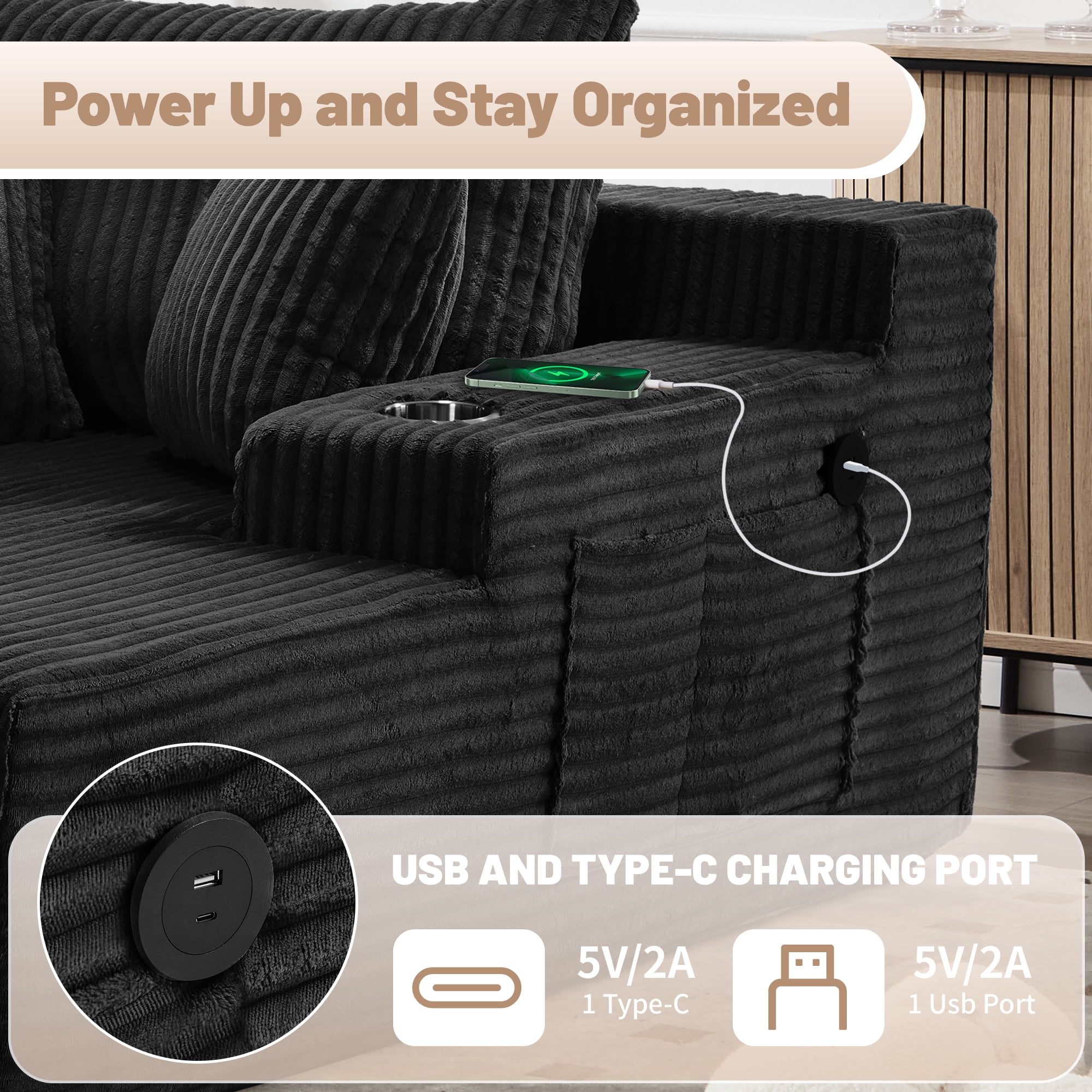 66" Chaise Lounge Chair Indoor, Oversized Corduroy Upholstered Boneless Sofa with USB & Type C, Deep Seat Sleeper Couch Reading Chairs with Pillows, Pre-assembled Corduroy Sofas Couches Living Room