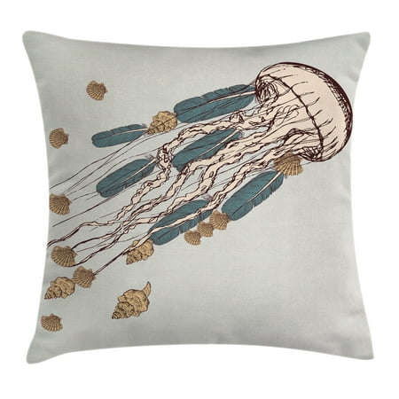 Boho Shell (Jellyfish Throw Pillow Cushion Cover, Boho Feather Tentacles Shells Vintage Art Print Under the Sea Tribal Fish, Decorative Square Accent Pillow Case, 24 X 24 Inches, Gray Beige Brown, by)