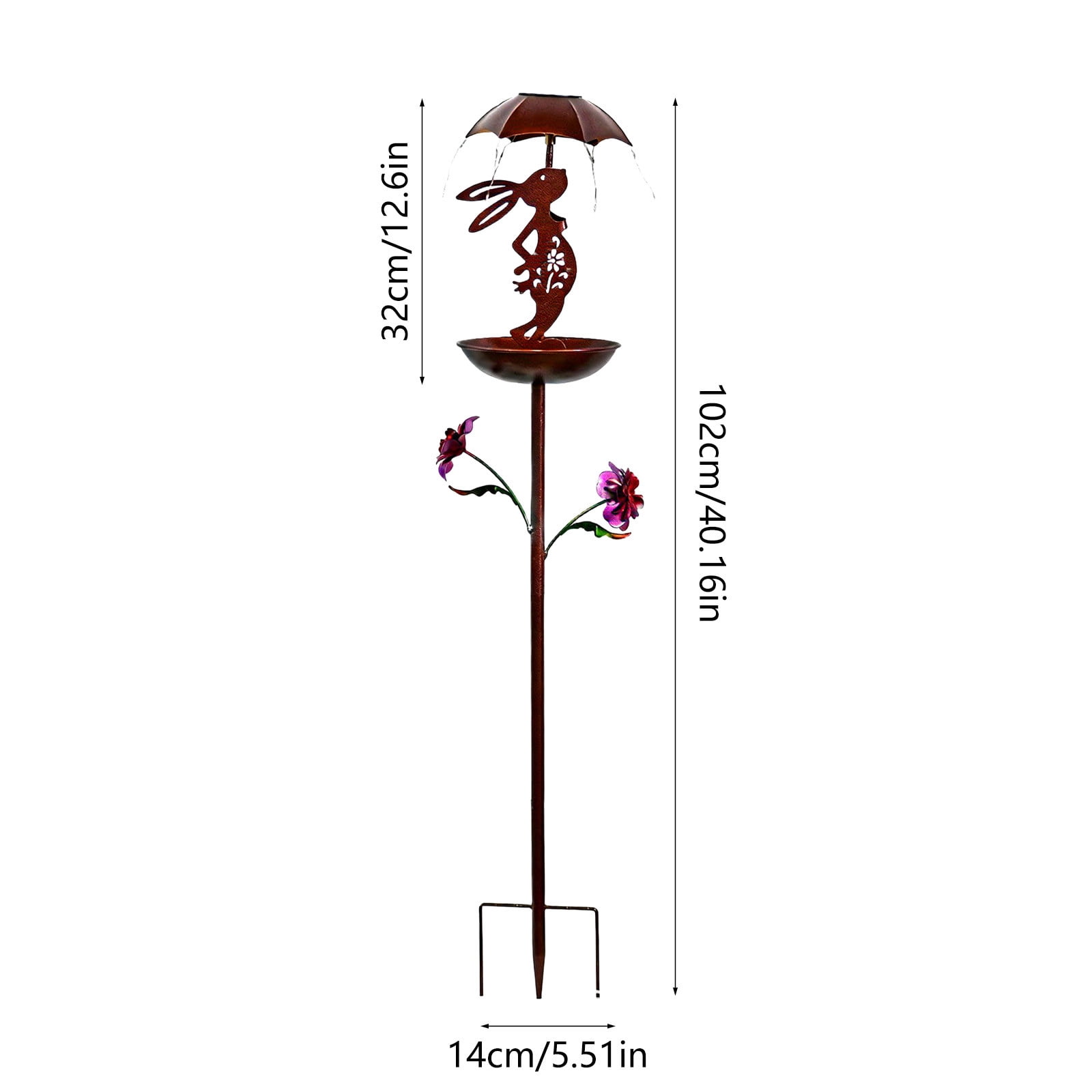 Solar Bird Feeder Iron Bunny Umbrella Stake with Solar Powered Light for Garden Yard Patio Outdoor Metal Ground Decor Easter Spring Wrought Iron