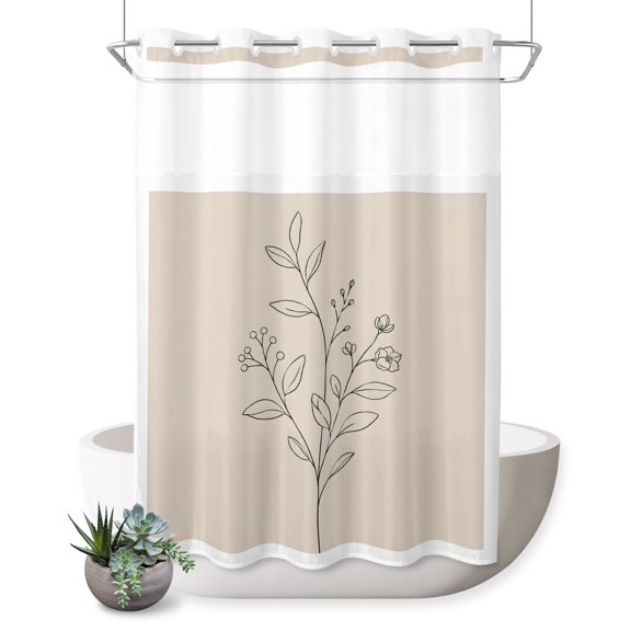 No Hook Shower Curtain, Minimalist Leaves Shower Curtains for Bathroom with See Through Top Window, Modern Farmhouse Botanical Floral Waterproof & Washable Bath Curtain 60"x72"
