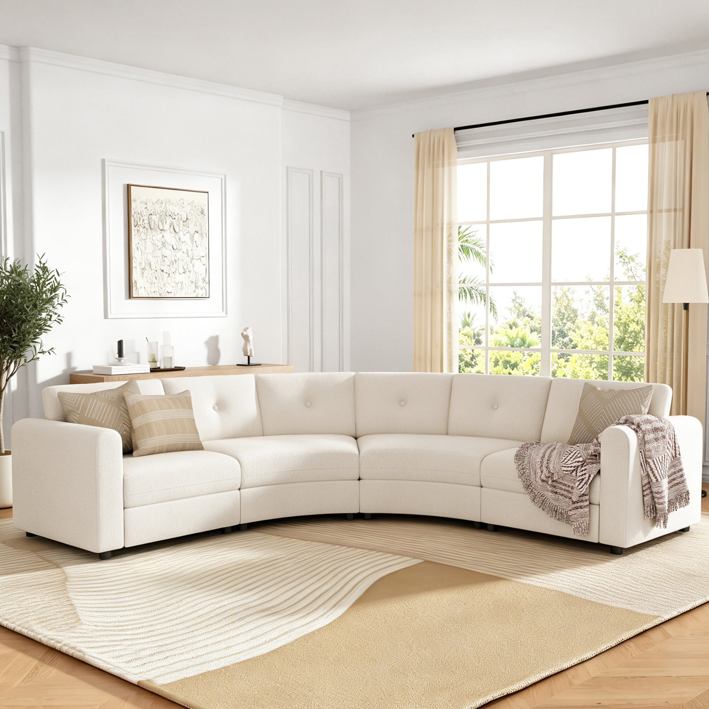 GARITIN 4 Piece Modular Curved Sectional Sofa 107 Inch, Upholstered Boucle Couch with Button Tufted Back for Living Room, Beige