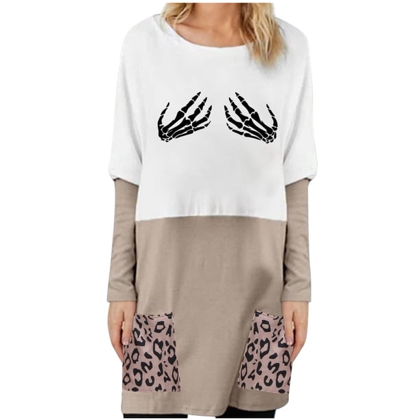 Moda mujer casual impreso cuello redondo manga larga otoño blusa pullver tops Pompotops FGAJ8710