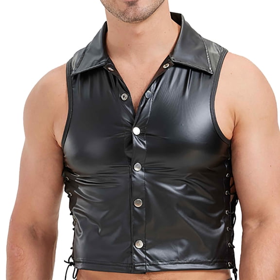 RYDCOT Men's Faux Leather Vest Tank Top Shirt Sleeveless Shirt Wet Look Undershirt Lapel Neck Shirt Nightwear Black