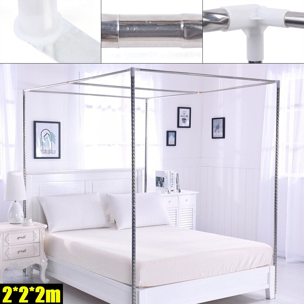 4 Corner Bed Canopy Frame Stainless Steel Post Mosquito Netting Curtain Brackets Silver Stainless Steel （rod ）Simple and Beautiful