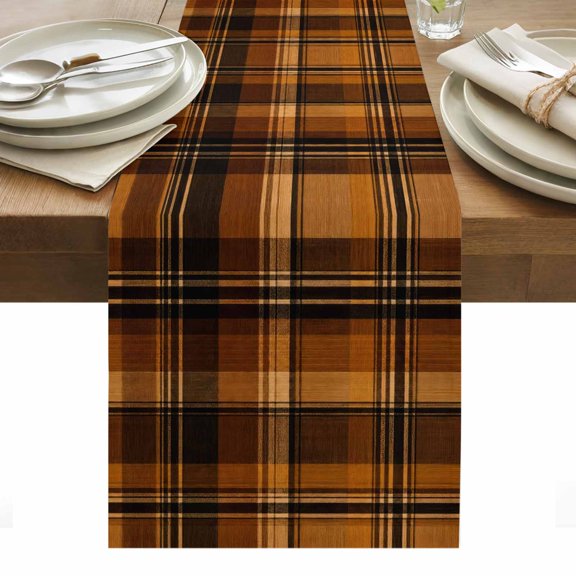 Brown Checked Table Runner Farmhouse Tan Brown Buffalo Plaid Tablerunners 13 x 70 Inch, Table Decorations Tabletop Scarf for Summer Gathering Holiday Farmhouse Kitchen Dining Decor