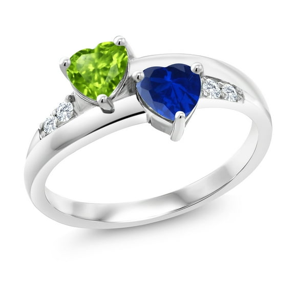 Gem Stone King 927 Sterling Silver Green Peridot Blue Created Sapphire and White Lab Grown Diamond Heart Shape Ring for Women | 1.19 Cttw | Gemstone Birthstone | Size 7