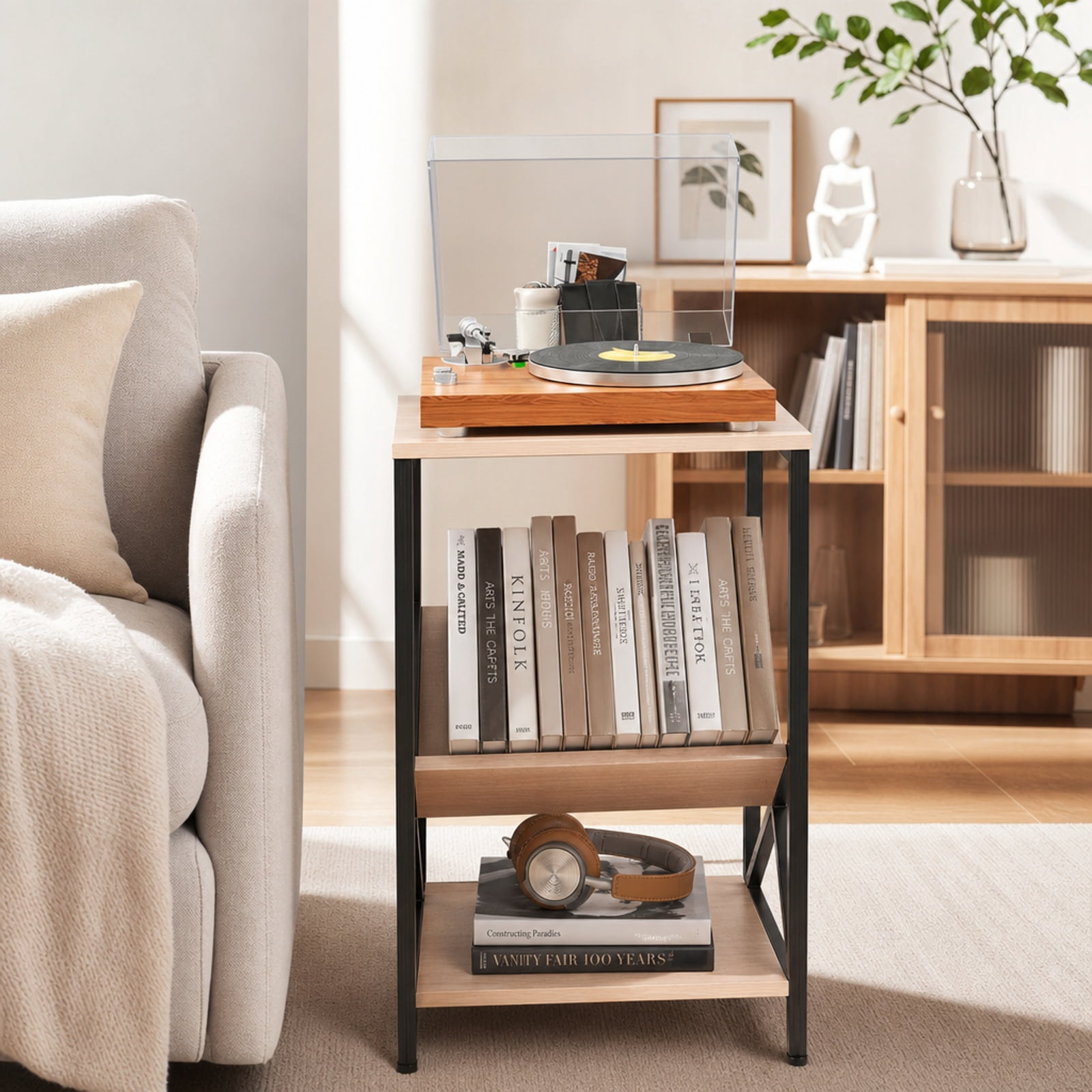 Furnibear 3-Tier Industrial Side Table with V-Shaped Bookshelf Magazine Holder and Steel Frame for Living Room and Bedroom, Natural