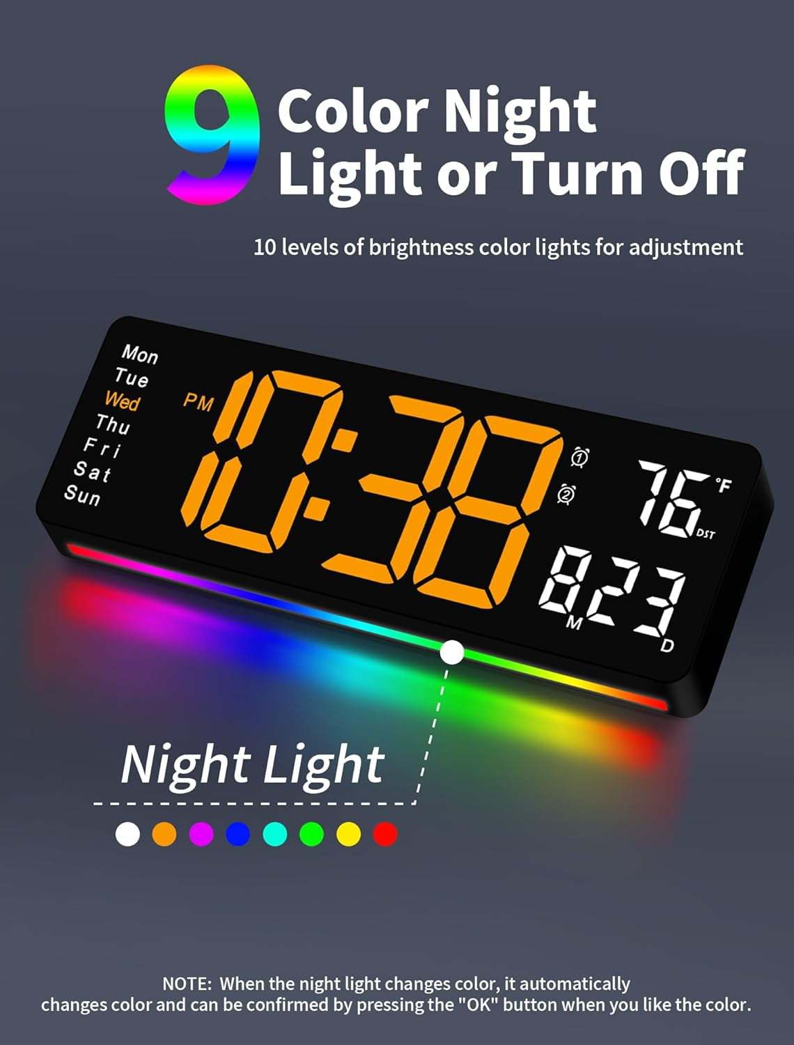 Large Digital Wall Clock with Remote Control, RGB Atmosphere Lights with 11 Scenes Mode, Dual Alarms with Big LED Display, Auto DST, Temperature for Classroom Gaming