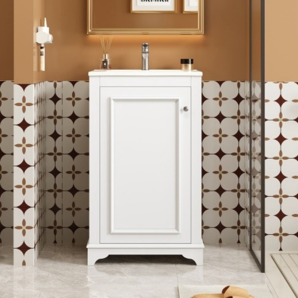 20" Bathroom Vanity with Ceramic Sink, Freestanding Bathroom Vanity Cabinet with Adjustable Shelf, Soft Close Door, Solid Wood Frame, Modern Green Vanity for Small Bathroom, White