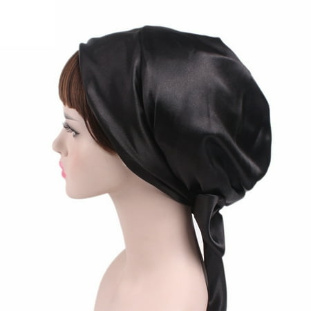 Hot Soft Bonnet Replacement - Soft Satin Sleeping Cap Salon Bonnet with Long Drawstring black