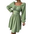 thumbnail image 3 of SAYOO Vestido de primavera para mujer, vestido de cintura alta fruncido con cuello cuadrado liso de manga larga, trajes hasta la rodilla con lazo en la cintura para mujer SAYOO  moda, 3 of 7