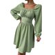 thumbnail image 3 of SAYOO Vestido de primavera para mujer, vestido de cintura alta fruncido con cuello cuadrado liso de manga larga, trajes hasta la rodilla con lazo en la cintura para mujer SAYOO  moda, 3 of 7