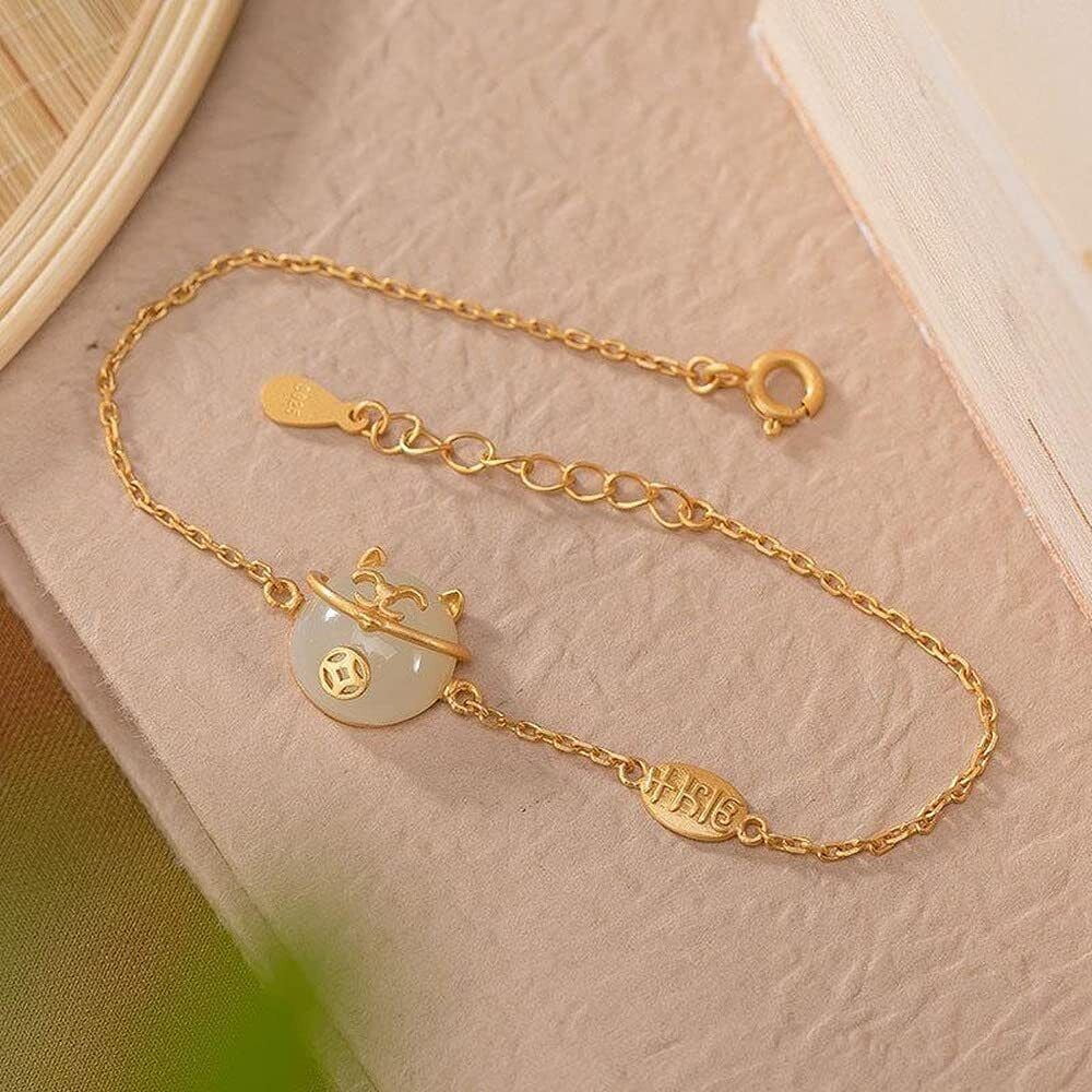 Chinese Retro Crafts Woman Jewelry Creativity Lucky Cat Natural Jade Bracelet