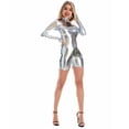thumbnail image 6 of EHQJNJ Female Sexy Jumpsuits for Women 2024 Petite Women's Long Sleeved Leather Small Round Neck Zipper Finger Sleeve Jumpsuit Flared Jumpsuit Long Sleeve Tummy Control Jumpsuit, 6 of 6