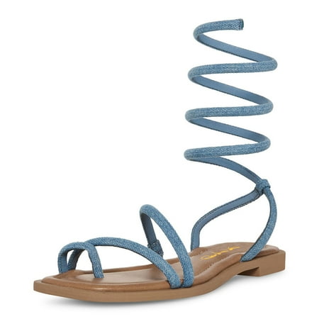 XYD Women Casual Lace Up Strappy Gladiator Flats Thong Open Toe Sandals Beach Dressy Summer Shoes Size 16 Blue