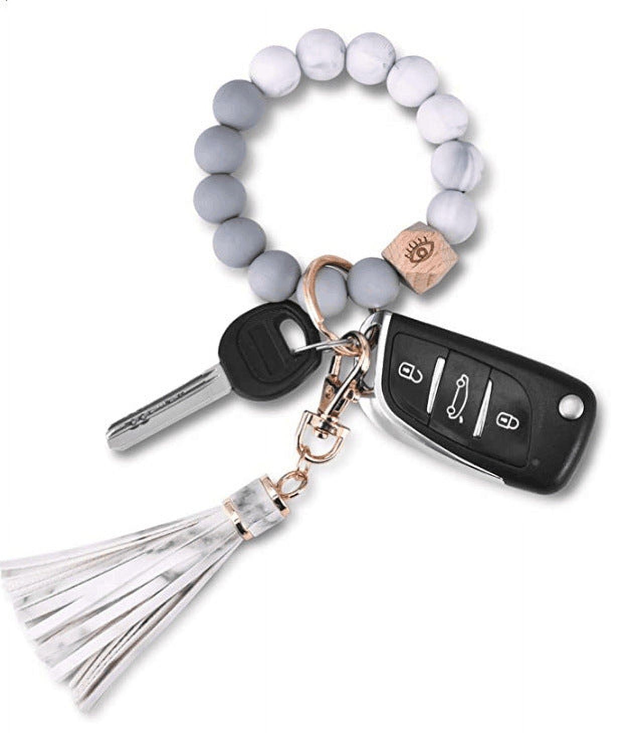 Womens Silicone Wristlet Keychain with Wood Beads Bracelet Key Ring for Handbags Car Decoration and Girls Women Pendant
