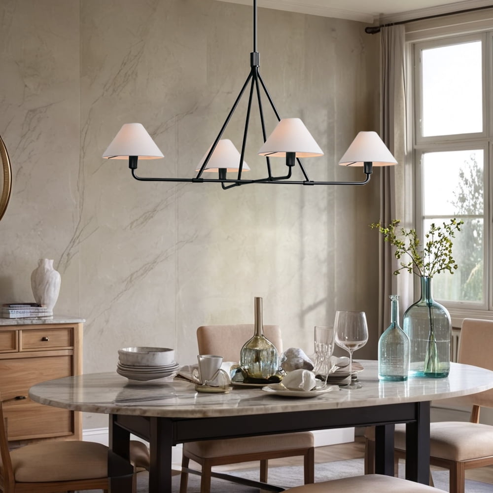 Mid-Century Matte Black  Linen Chandelier 37 Inch ,Conical Ceiling Light with Linen Shade, Natural 4-Light Ceiling Lamp, Organic Ceiling Mounted Light for Living Room, Dining Room