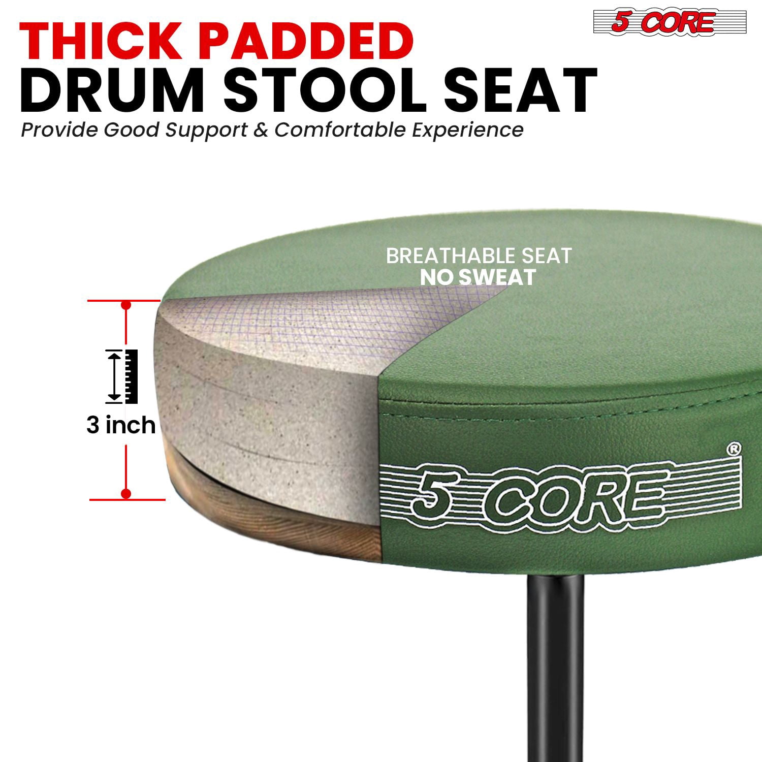 Adjustable Drum Throne Stool with 3" Thick Padding – Heavy-Duty 330 lb Capacity Guitar Seat for Adults & Kids, Anti-Slip Tripod Base