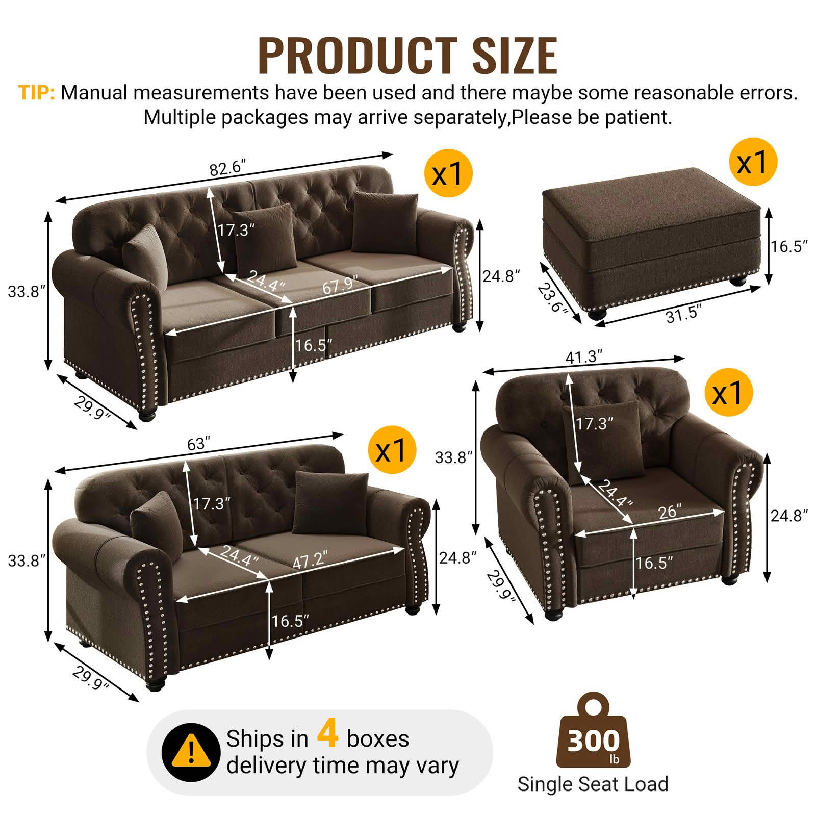 MAYEERTY Velvet Chesterfield Modular Sofa Set, Mid‑Century Modern Couch with Button Tufting, Nailhead Trim & Rolled Armrests, Comes with 1 Ottoman for Home Living Room