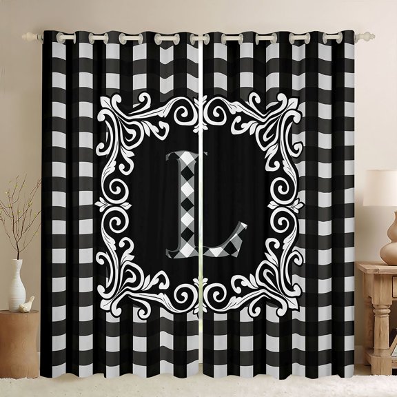 Feelyou Initial L Letter Black Out Curtains, Hippie Tribal Mandala Curtains Pack of 2 (42x63 Each), Simple Fashion Checkered Bedroom Curtains, Black Out Curtains Decor