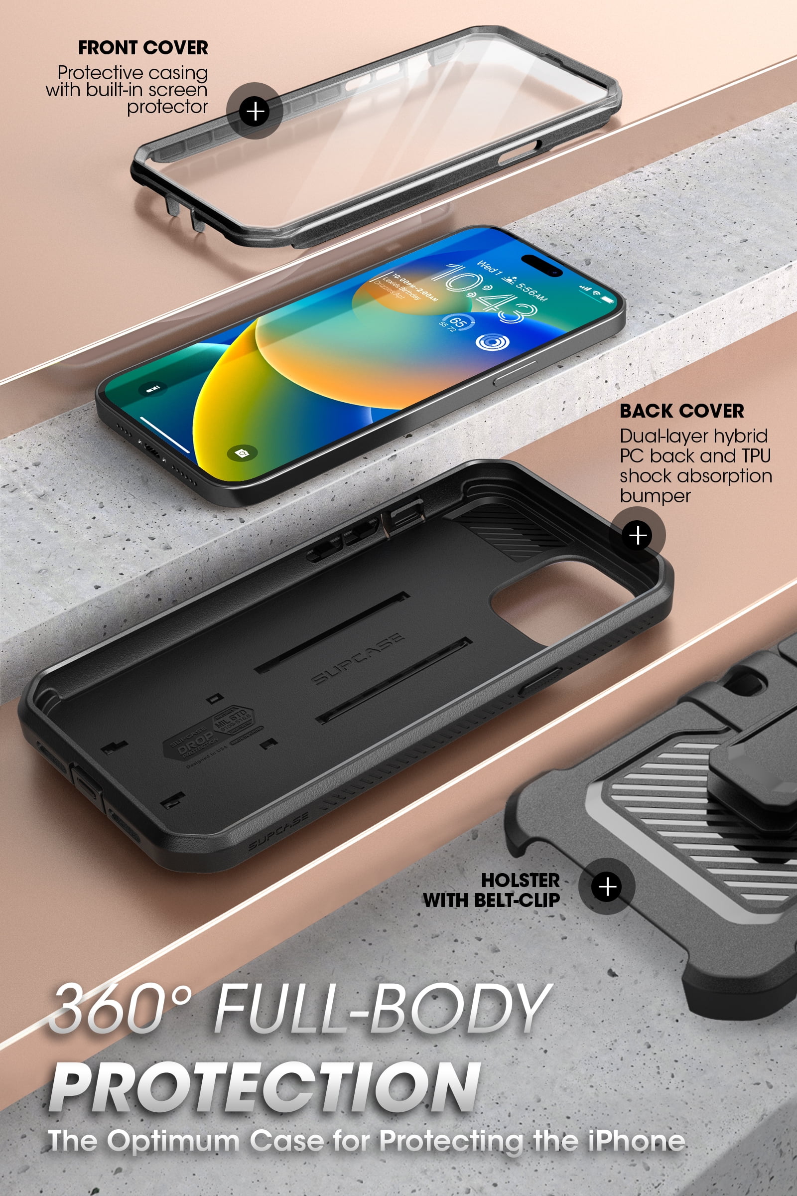 SUPCASE Unicorn Beetle Pro Case for iPhone 14 Pro Max 6.7", Built-in [Tempered Glass Screen Protector] Heavy Duty Rugged Case with Kickstand & Belt-Clip (Dark Black)