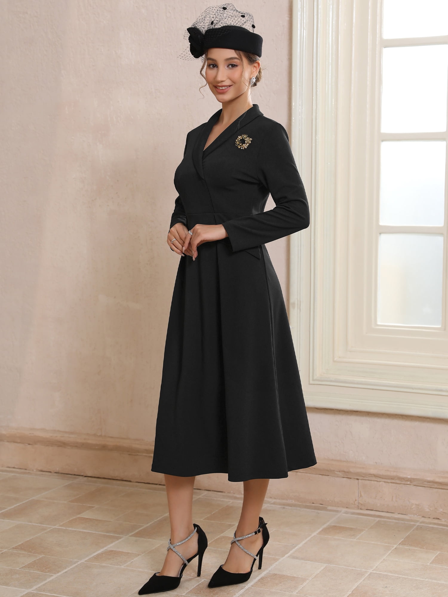 DARING DIVA Women's Collared V Neck Long Sleeve Blazer Dresses with Brooch 2XL Black