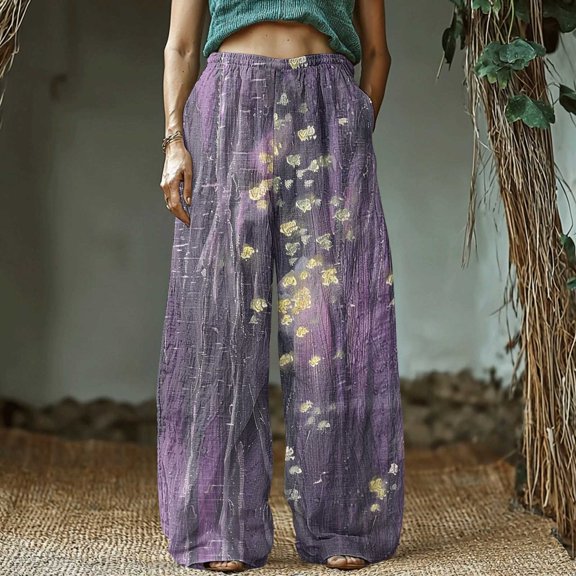 Mgmyaa Women's Linen Wide Leg Pants Casual Bohemian Leaf Print Elastic Waist Trousers with Pockets