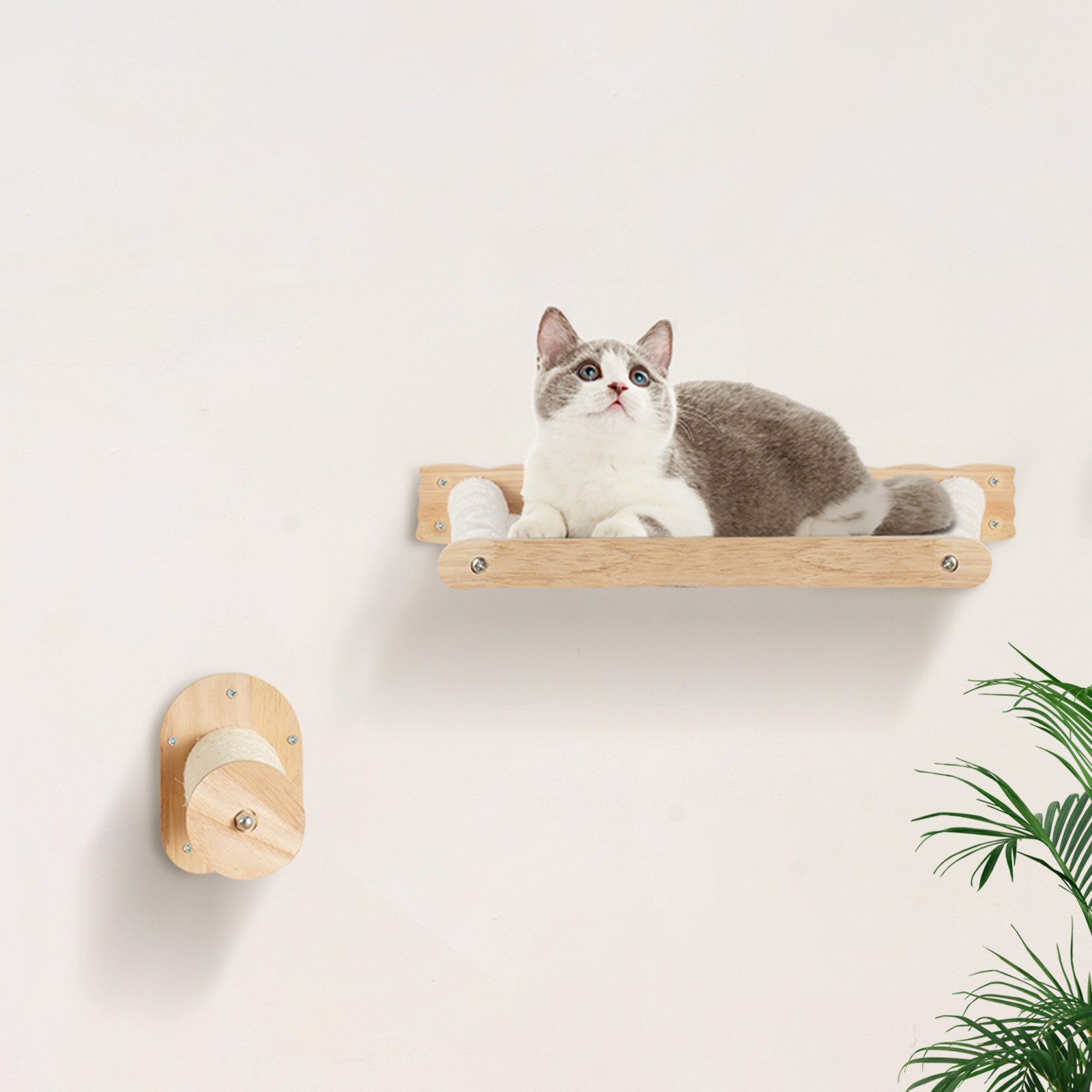 Favory Wall Mounted Cat Shelves, Perches with Jumping Posts & Hammocks, Removable & Washable Coral Fleece for Sleeping, Playing, Climbing, Set of 4