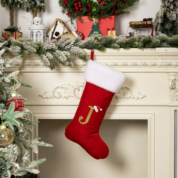 Red Velvet Christmas Stockings with Embroidered Letters - 26 Alphabet Letter Socks for Personalized Holiday Decor, Fireplace Mantle Hanging, Gift Exchange (26x22x45cm)