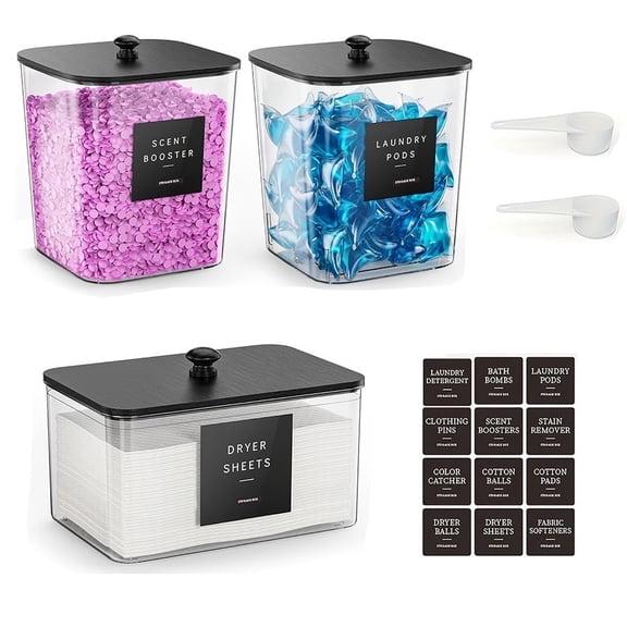 3 Pack Laundry Pods Container, Clear Laundry Room Organization Containers,Large Acrylic Detergent Powder Storage Containers Black Wooden Lids & Labels, Dryer Sheet Holder