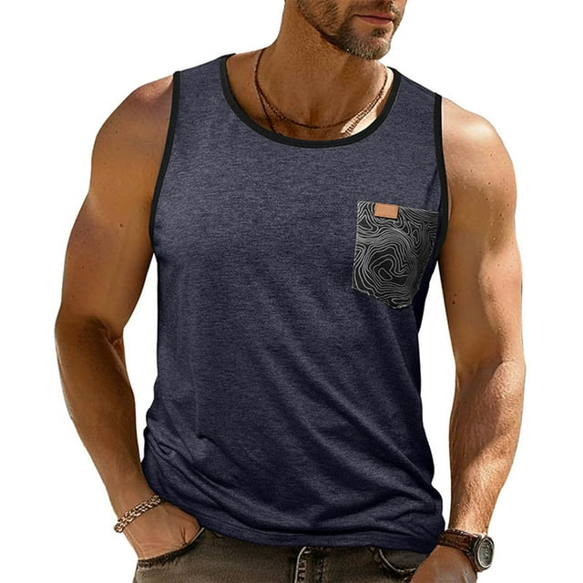 LOVZFMLL Tank Tops for Men's Summer Sleeveless Round Neck Color Blocked Pocket Round-Neck Tank
