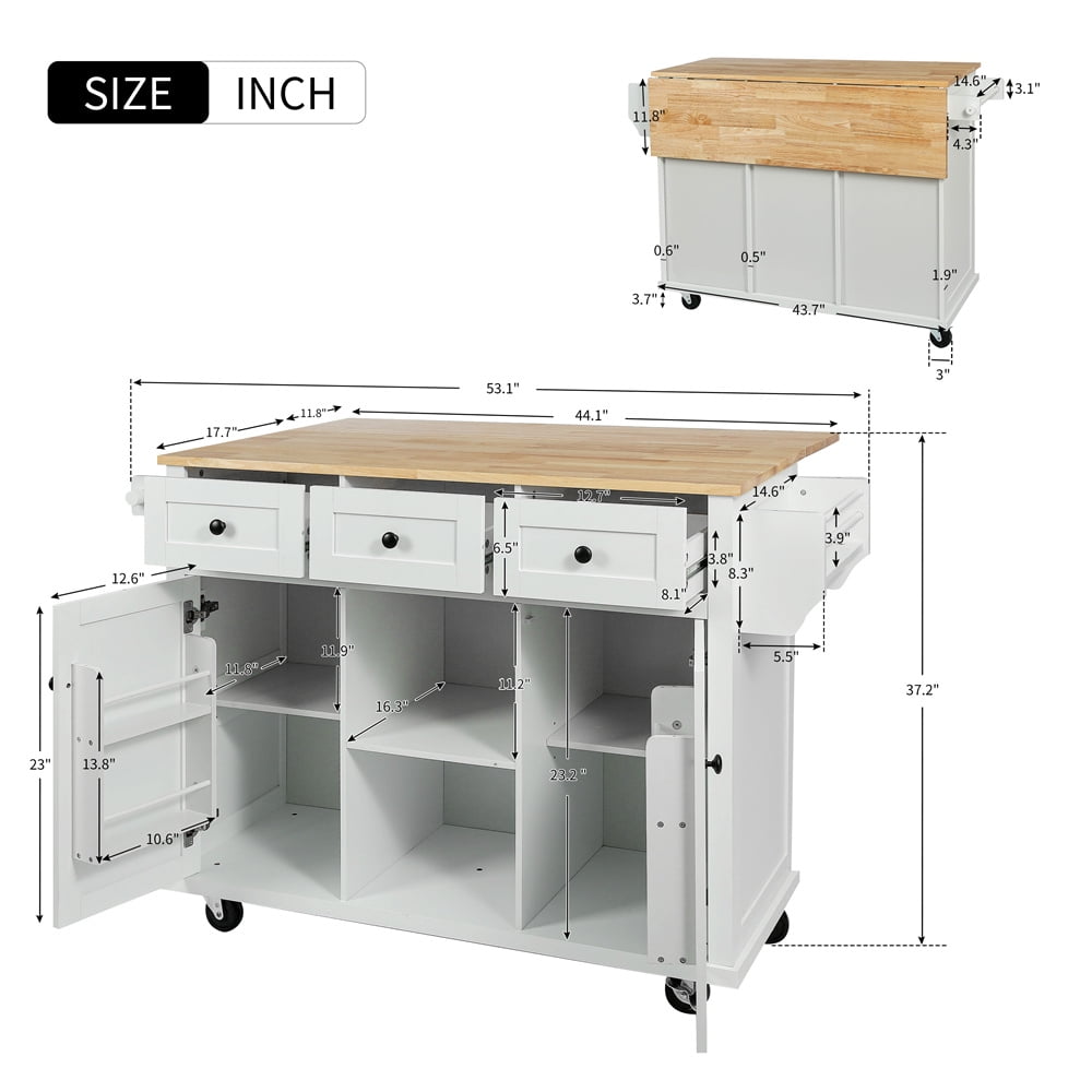 Kitchen Island Cart with Drop-leaf Tabletop and Locking Wheels, 53.1" Kitchen Trolley Cart with 2 Doors & 3 Drawers & Adjustable Shelves, Rolling Kitchen Island with Spice Rack and Towel Rack, White