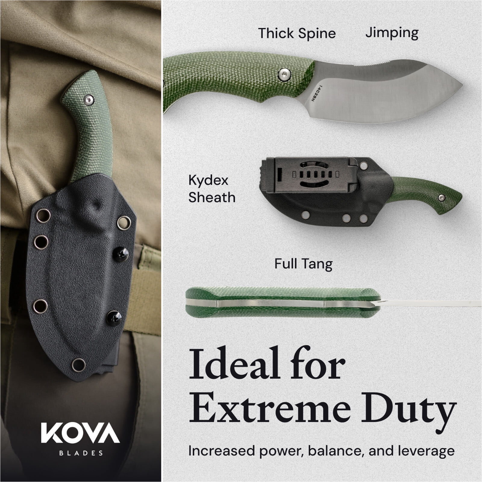Kova Tracer Fixed-Blade Knife – 3″ Recurve Blade, Full-Tang, G10 Handle, Kydex Sheath – 6.75″ Overall – 3.6 oz