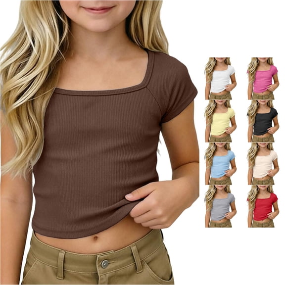 NordicNest Girls Ribbed Knit Crop Top Short Sleeve Tee Square Neck Raglan Basic Casual Shirt For Kids Toddler Youth Tween Clothes for Girls Back to School