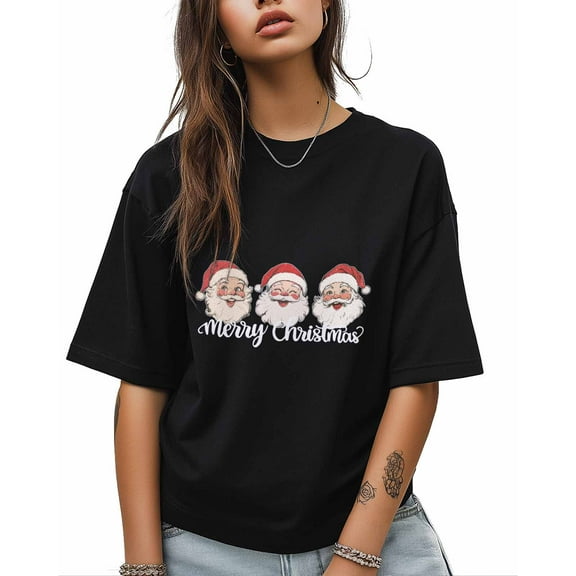 T Shirts for Women Short Sleeve Cotton Crewneck T-Shirt, Merry Christmas Funny Santa Claus Tee Tops Casual Basic T-Shirts, XS-5XL Black XS