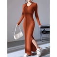 thumbnail image 6 of Women'S Casual Long Sleeve Collar V Neck Maxi Sweater Dress Slit Thigh Ribbed Knit Bodycon Pencil Dresses Red-Brown XL, 6 of 9