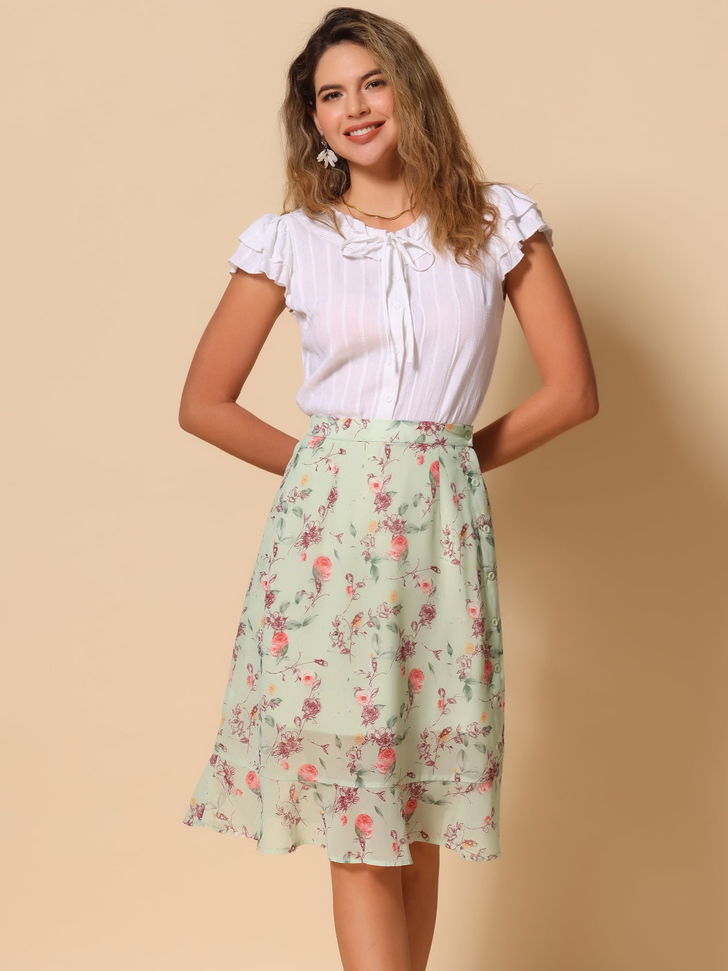 DARING DIVA Women's Floral Ruffle Hem Elastic Back Split Skirt XS Light Green