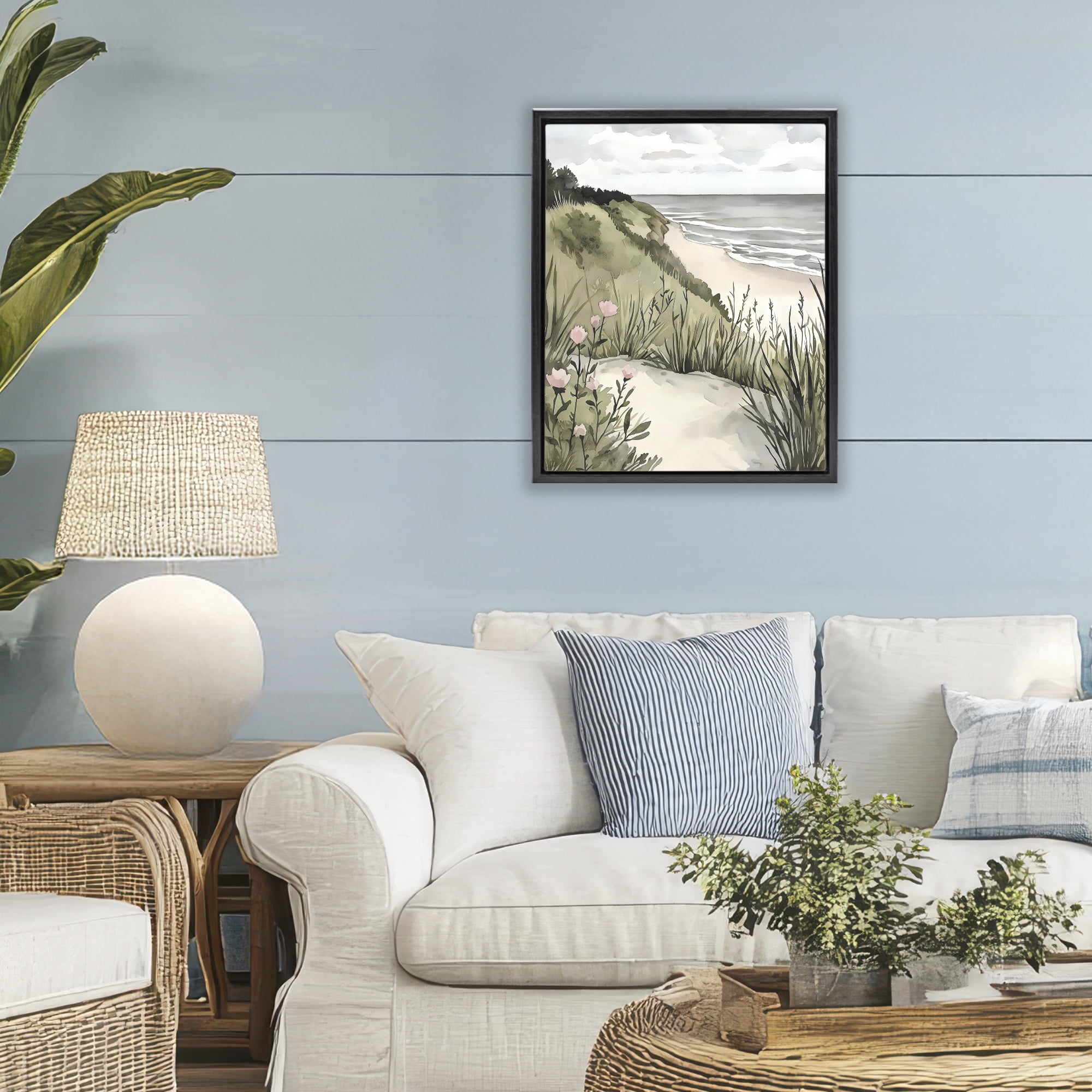 Stupell Industries Coastal Calm on Sandy Dunes Black Framed Floater Canvas Wall Art, design by Riley B