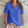 thumbnail image 2 of Dyfzdhu Plus Size Linen Blouses for Women Casual Short Sleeve Solid Color Cotton and Linen Ruffled V Neck Shirt，Women Tee Loose Fit Summer Tops Blue, 2 of 5