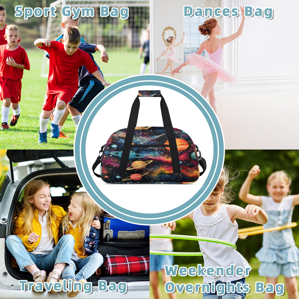 Herdesigns Outer Space Sports Duffle Bag for Women & Men, Solar System Universe Gym Bag Dance Bag Overnight Bag Carry On Weekender Travel Bag