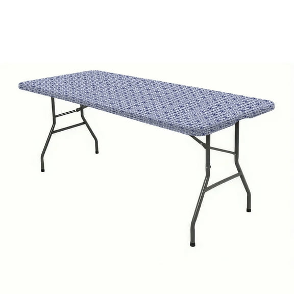 Blue Spandex Picnic Table Cloth, Elastic Fitted Tablecloths for 6 Foot Rectangle Tables, Stretch Washable Patio Table Cover for Outdoor, Camping, Banquet and Parties