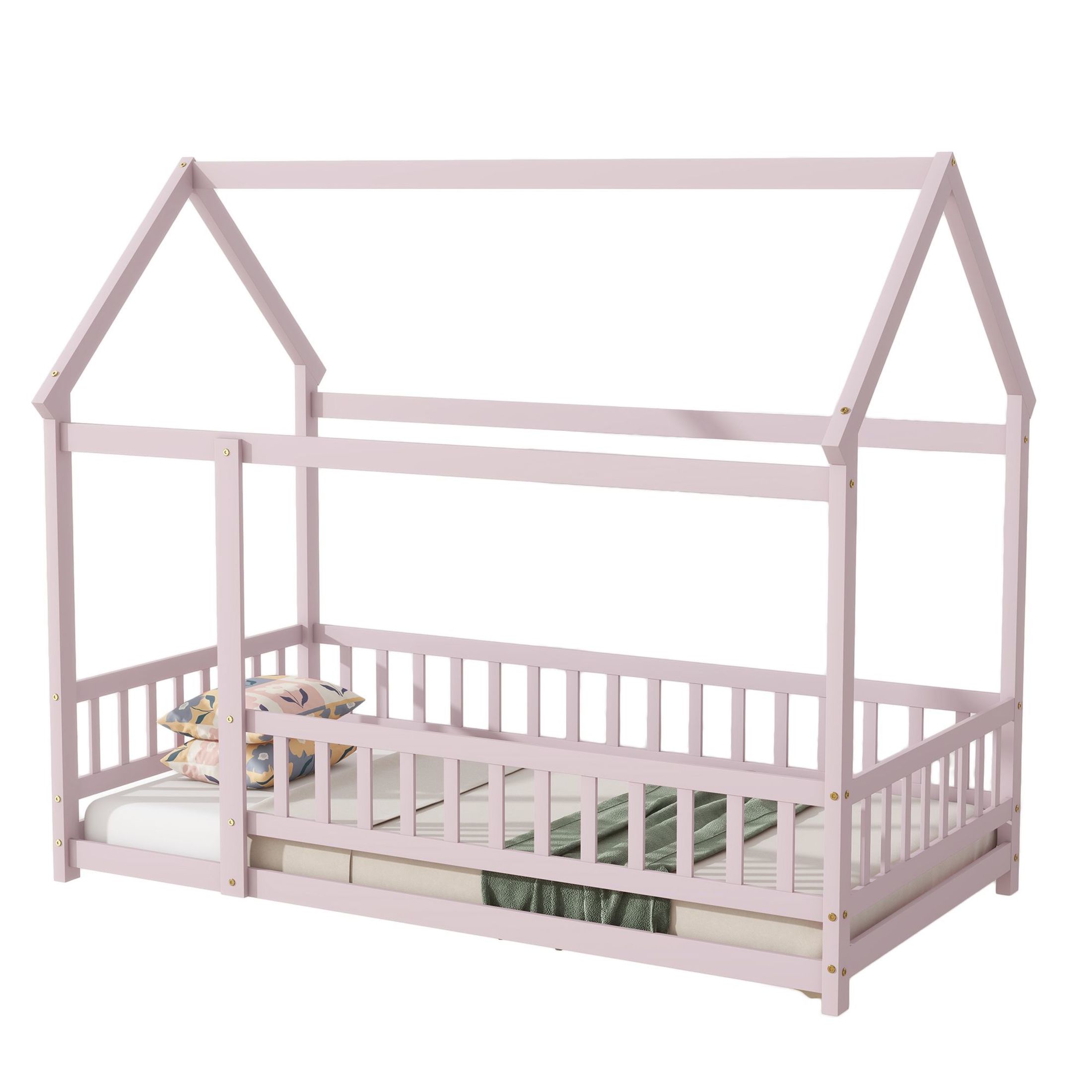 Noble House Gaiety Twin Size House Floor Bed for Kids, Rubber Wood Frame with Roof and Fence Guardrails, Pink
