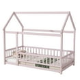 thumbnail image 2 of Noble House Gaiety Twin Size House Floor Bed for Kids, Rubber Wood Frame with Roof and Fence Guardrails, Pink, 2 of 11